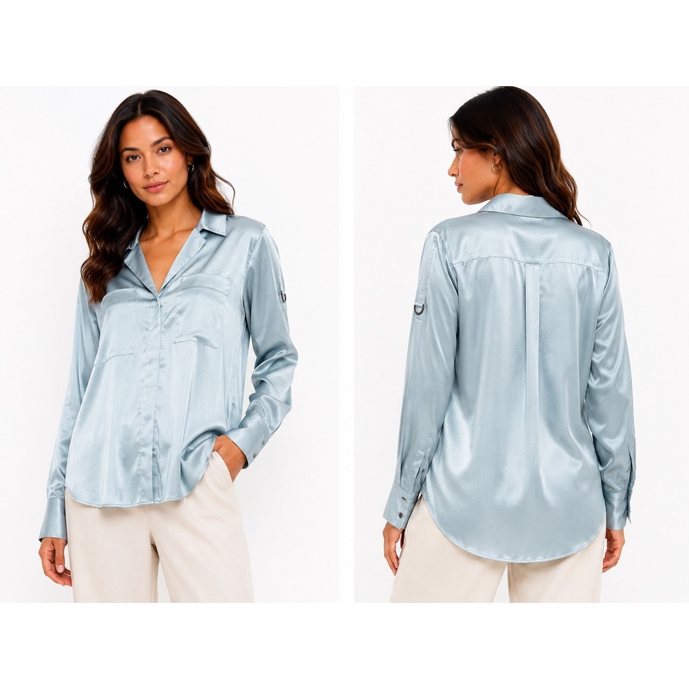 White House Black Market Blouse Women XXS Blue Satin‎ Utility Button Down Silky